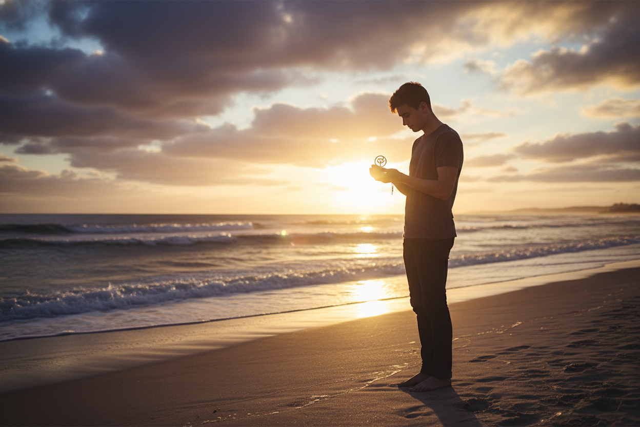 Person standing on a beach at sunrise holding a bracelet, symbolising hope and renewal.