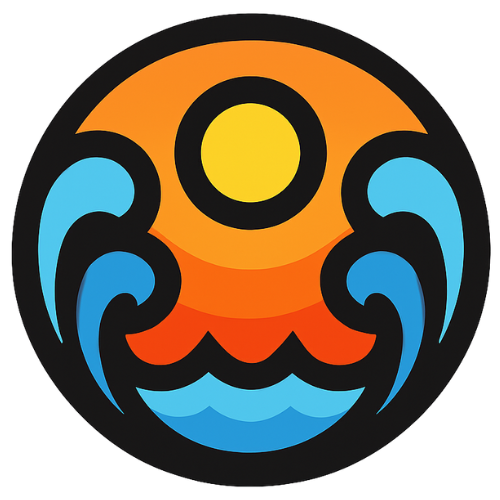 Circular design with a sun in the center and wavy blue lines on a white background